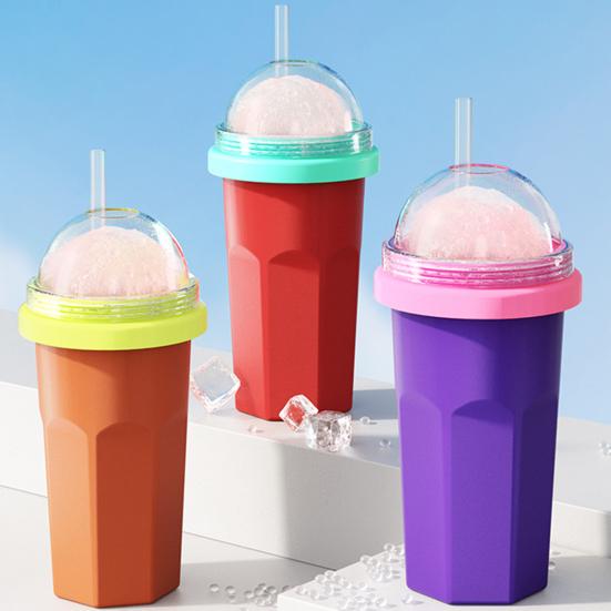 Silicone Slushie Cup with Lids Straws Portable Freezing Smoothie Cup BPA-free Cold Drink Cup for Juices Ice Cream Kids