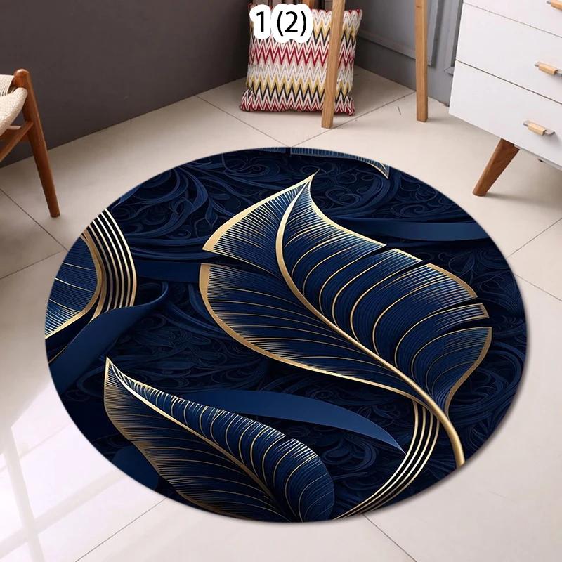 Round Decorative Bath Mat Navy Blue Tropical Feather Design Soft Absorbent Bathroom Rug for Home Decor