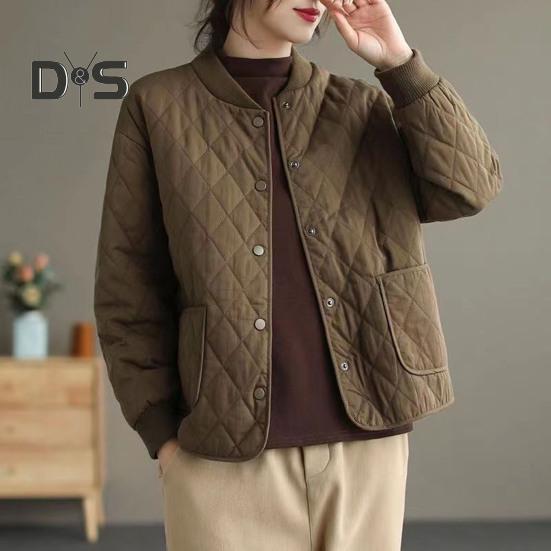 Damenjacke Stehkragen Langarm Rautenstruktur Einreihig Elastische Bündchen Einfarbig Taschen Sport Lady Coat