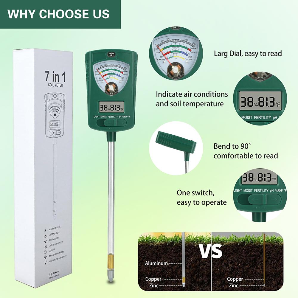 7-in-1 Soil pH Meter Analyzer Moisture Sensor Soil Tester for Gardening Hydroponics Planting PH Fertility Temperature Humidity
