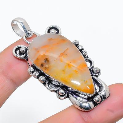 Natural Plume Agate Gemstone Handmade 925 Sterling Silver Pendant 2.17" u9U47