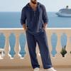 2 Pcs Retro Cross-border Autumn Linen Men's Casual Suit Loose Hooded Henley Shirt Long Sleeve Pants Suit Tracksuits