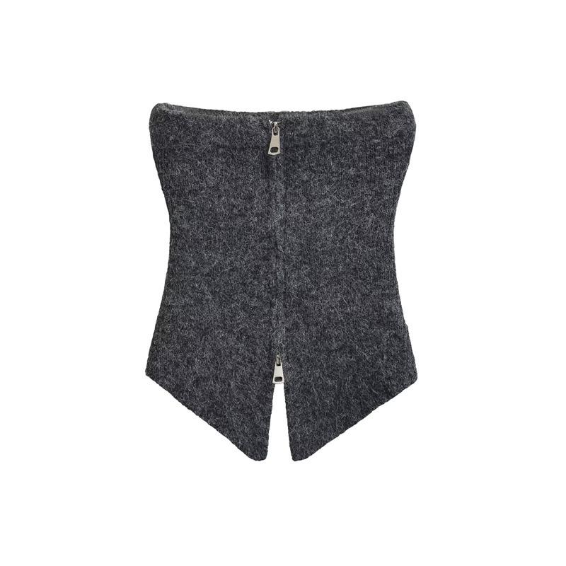 Off-Shoulder Knitted Vest: Cinched Waist, Irregular Hem, Zipper Bandeau Top for Women Medium серый