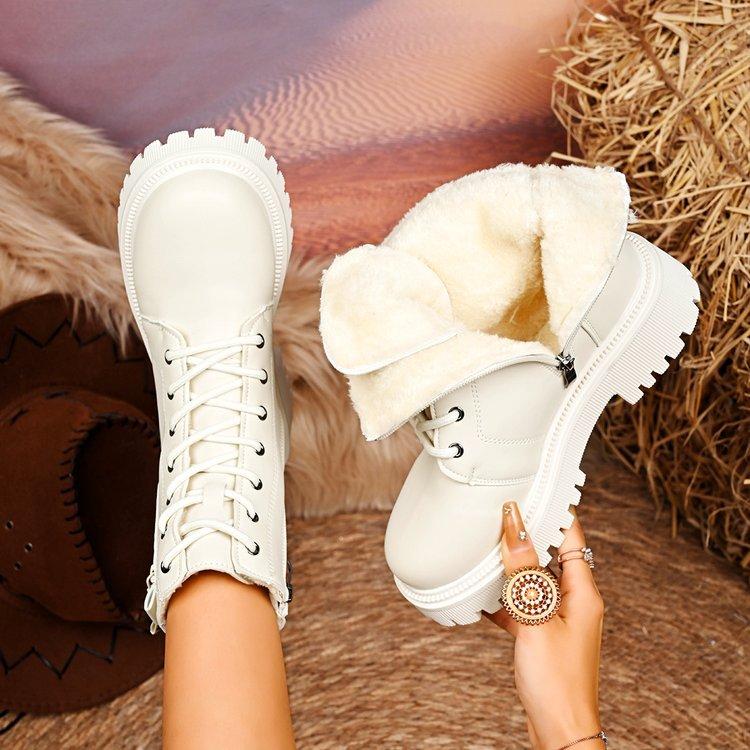 Women Platform Boots Short Plush Solid Color Lace Up Side Zipper Ankle Boots Winter Women Shoes Large Ladies' Shoes