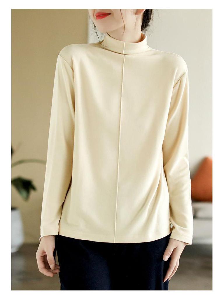 Women's Double-Sided Plush Splicing High-Collar Base Layer Shirt - Autumn/Winter Fashion Top