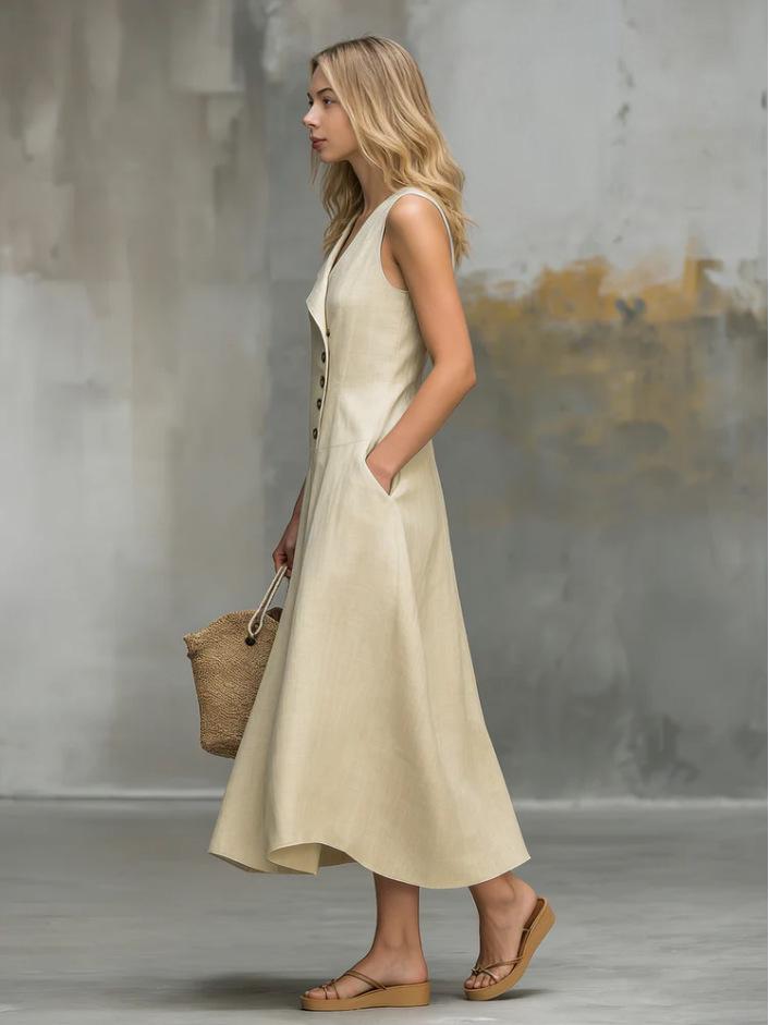 Lapel Button Closure Sleeveless Solid Color Women's Dress