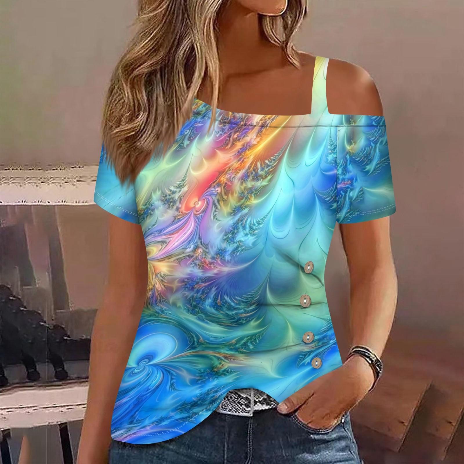 

Женские топы с открытыми плечами, плиссированные футболки с асимметричным вырезом и короткими рукавами L синий