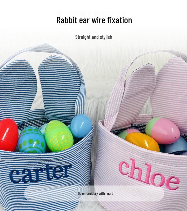 Personalized Easter Basket with Embroidered Rabbit Ears - Plaid Bubble Gauze Tote for Egg Decoration Storage