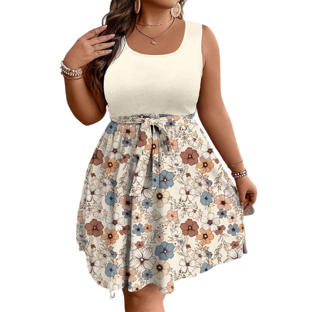 Women's Fashionable Casual Color Blocked Printed Sleeveless Waist Dress In Large Size