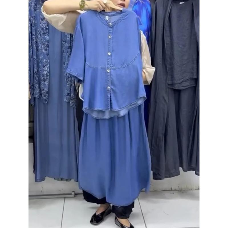 Conjunto de dos piezas casual de mezclilla suelta de color sólido para mujer, nuevo de primavera y verano
