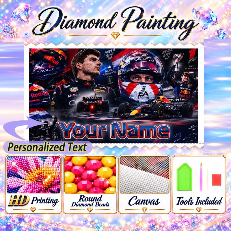 Max Verstappen 5D DIY Diamond Painting Custom Name Text, Full Drill Rhinestone Mosaic Art Home Gift