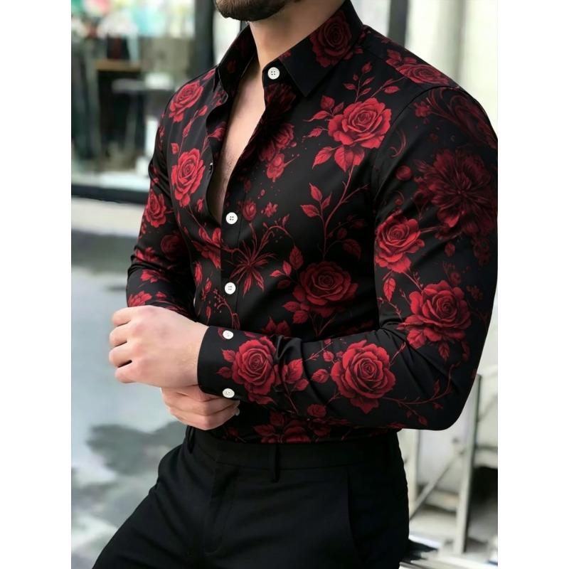 Cămașă Bărbați cu Imprimeu Floare de Bujor, Mânecă Lungă, Guler Slim Fit, Trendy Casual pentru Petrecere