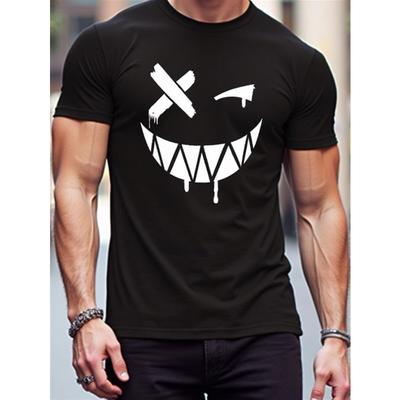 European Sizes Men'S Black & White Joyful Face Graphic T-Shirt | Soft Stretch Breathable Fabric, Loose Fit Casual Tee with White Smile Print