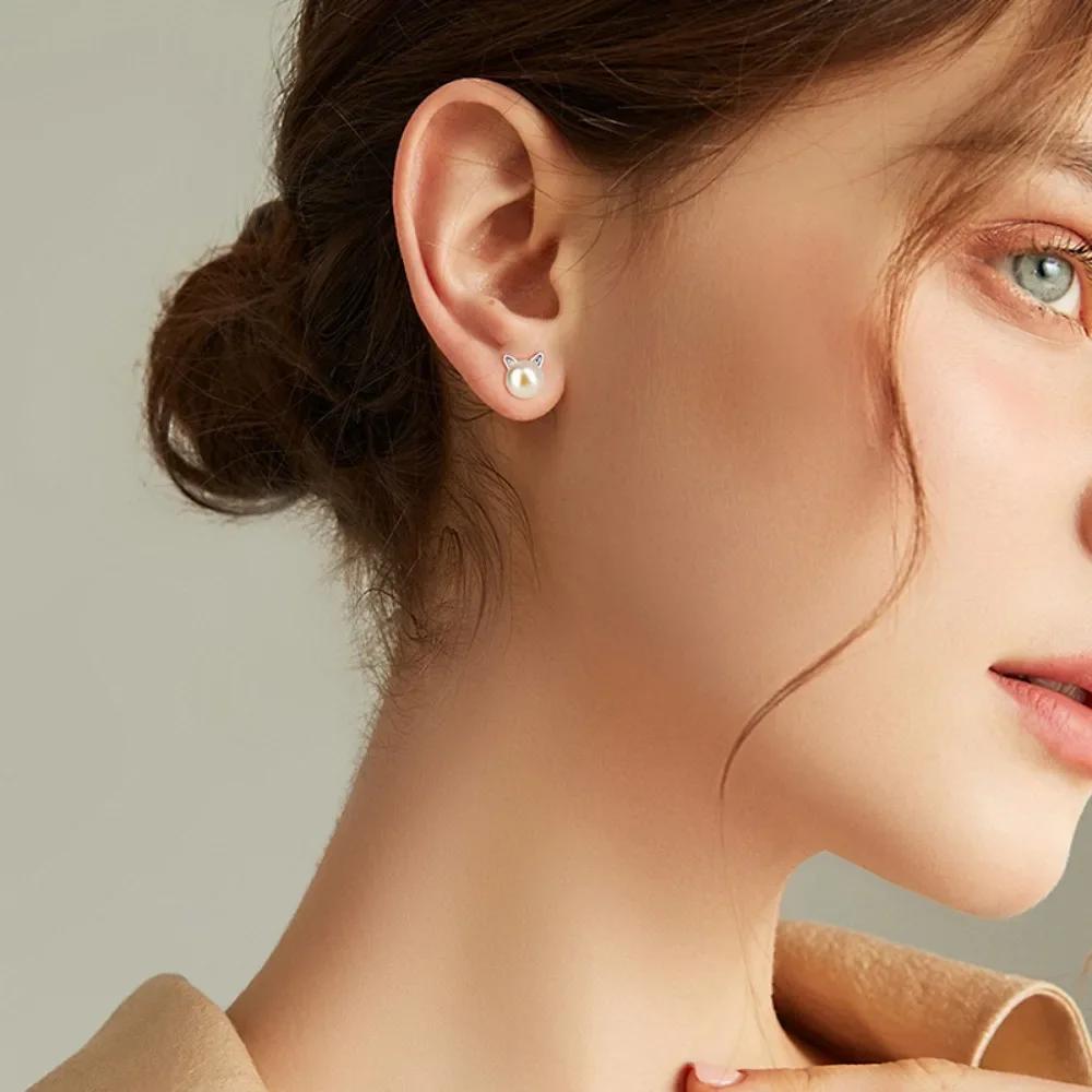 SUMENG 2025 Women's Fashion Little Cat Stud Earrings with Pearl Embellishment, Korean Style Jewelry Accessories for Travel