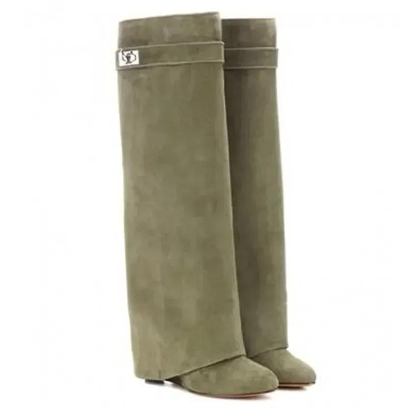 Elegant High Heel Mid-Calf Boots with Metal Buckles for Formal Banquets, Stylish Riding Boots for Women, Chunky Heel Dress Boots
