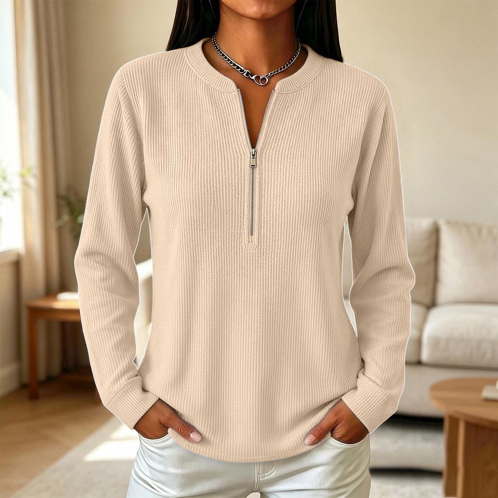 Women's Casual Corduroy Zip Up Long Sleeve Loose Fit Color Top