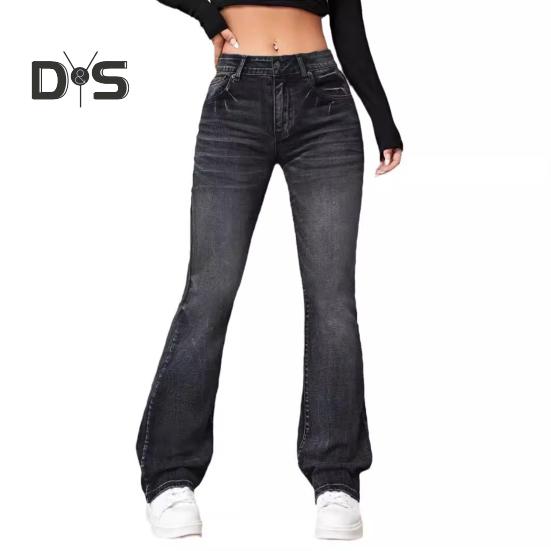 Damjeans Hög midja Utsvängd fåll Knäppning med dragkedja Gradientfärg Lös passform Flera fickor Streetwearbyxor Vardagskläder Långbyxor