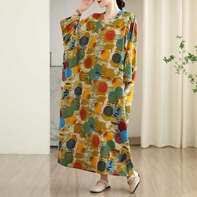 New Color Travel V-neck Retro Long Skirt Cotton Linen Dress