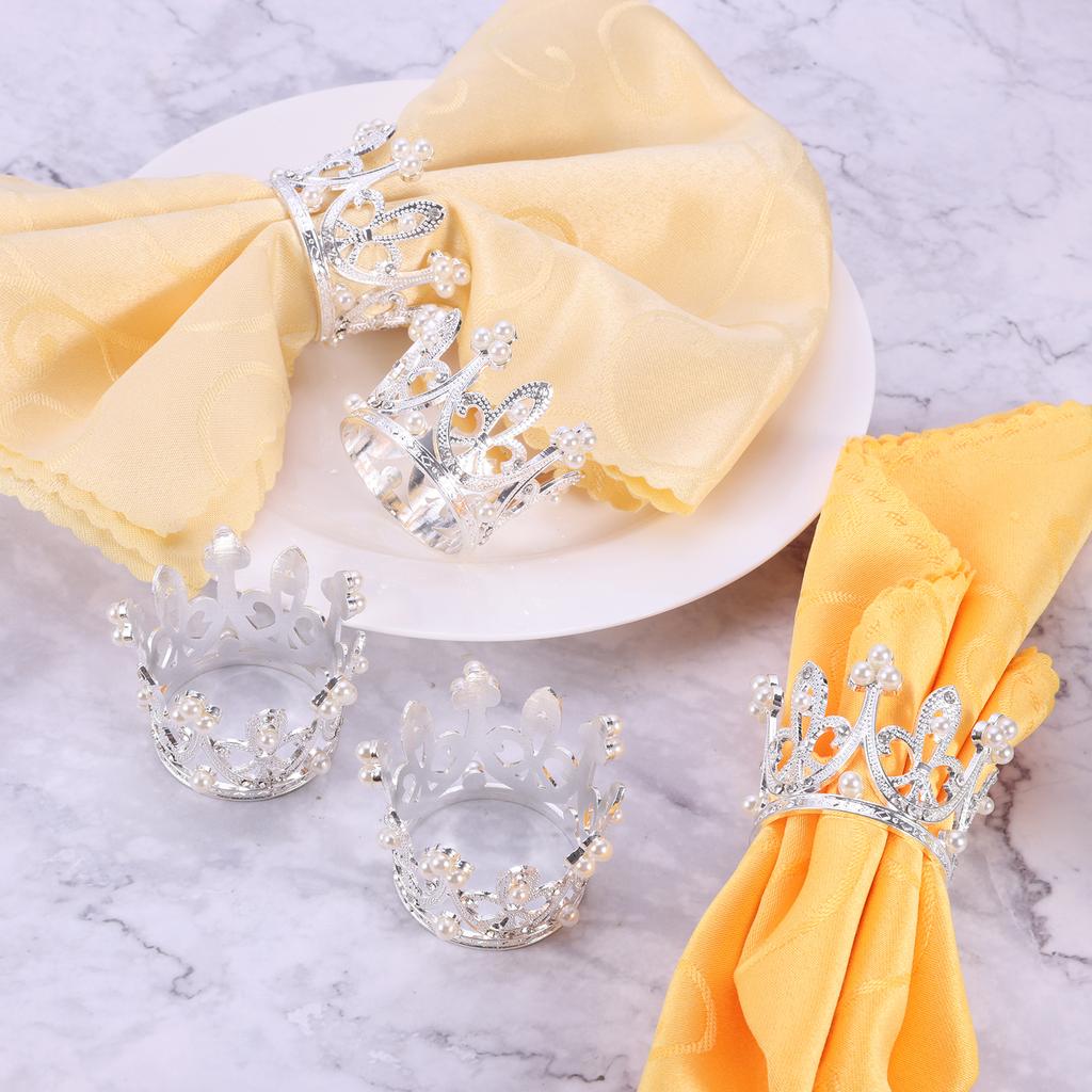 6pcs Gold/Silver Crown Napkin Rings 5.8cm/2.3" Embellished Pearl Rhinestones Decor Table Cloth Holder Buckle Wedding Party Feast