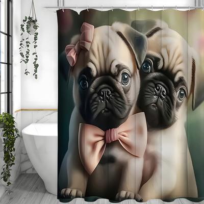 Cute Pug Dog Shower Curtain, Bathroom Decorative Shower Curtain, Waterproof Shower Curtain with Hooks
