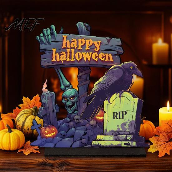 Decorative Pumpkin Skeleton Desktop Signs Halloween Wooden Table Centerpiece, Sign Ornaments, 3D Layered Gnome Spooky Home Decor for