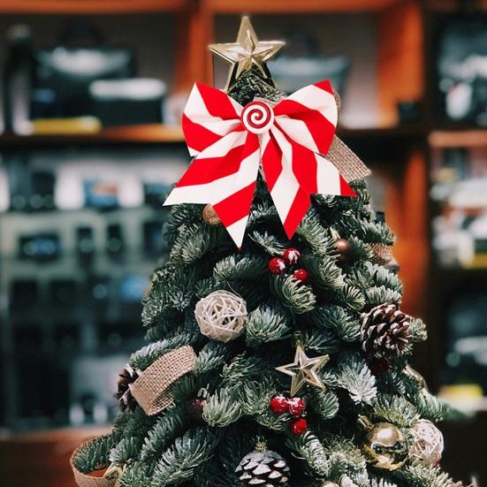 3Pcs Christmas Tree Bow Pendants Red White Striped Print Bowknot Festive