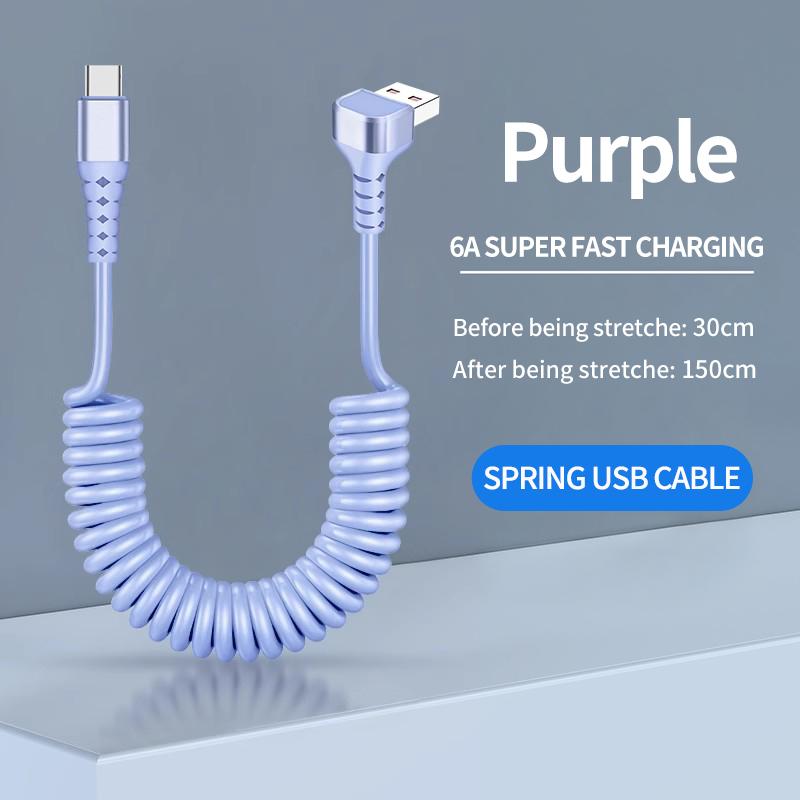 1.5M Coiled USB-C Type C 5A Fast Charging Data Cable 90 Right Angle Retractable Pure Copper Mobile Phone Cord for