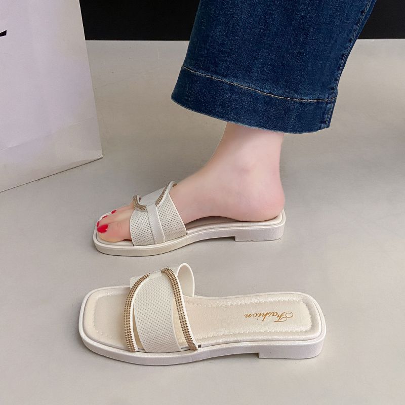 

Square Toe Shoes for Women Outside Flat Slides Original Sandals New Style H Sandal Elegant and Fashionable Unique Woman Slippers 40-41