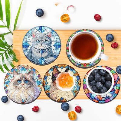 8Pcs Wooden Summer 5D Diamond Painting Kits DIY Coaster Diamond Dot Kits Round Diamond Art Coasters for Adults Beginners