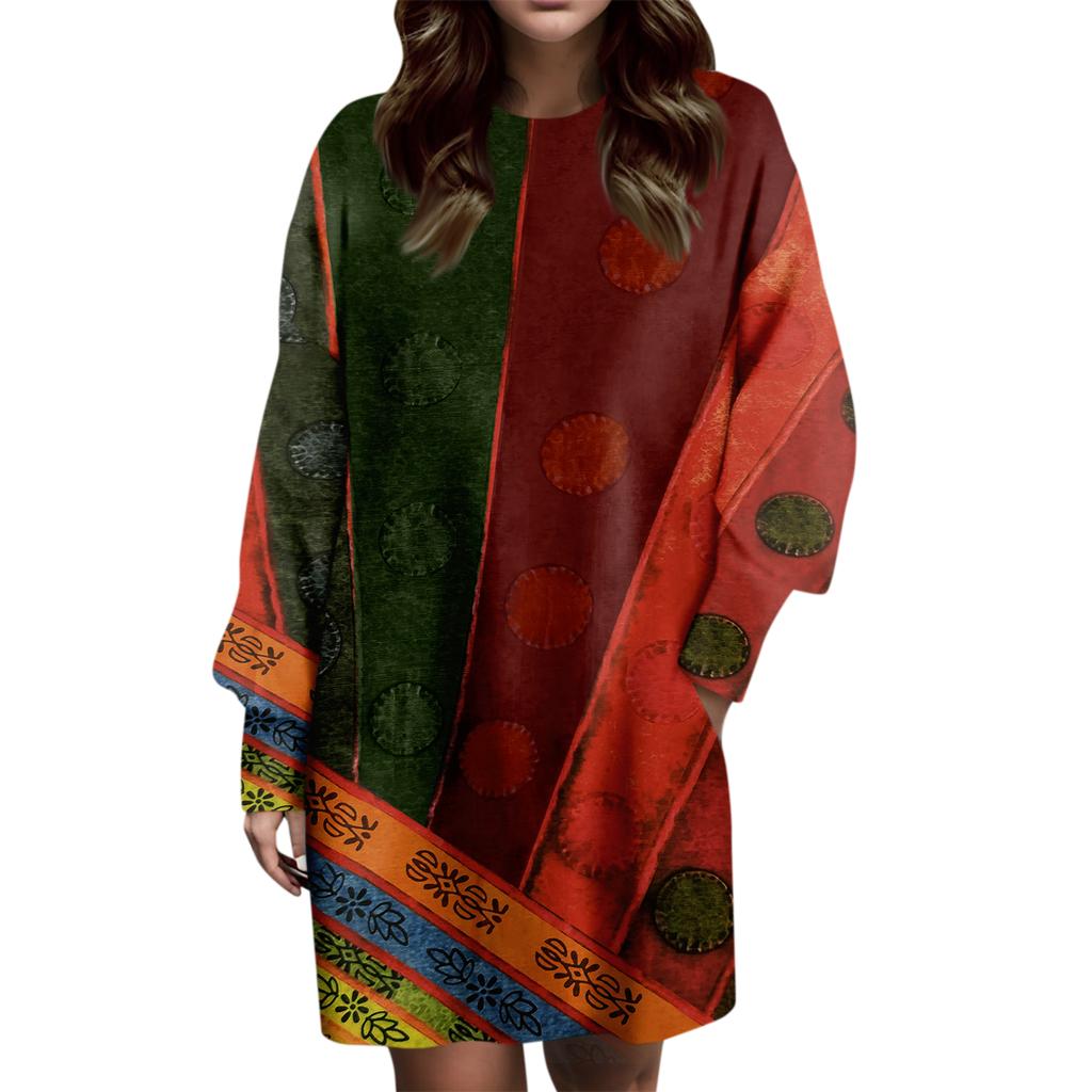 Women's Fashionable Ethnic Style Printed Round Neck Loose Fitting Long Sleeved Dress