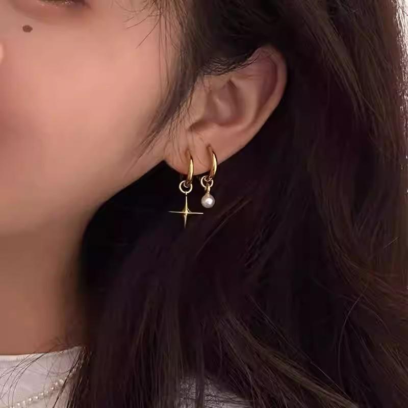 ANENJERY Geometric Star Simulated-pearl Pendant Earrings for Women Sweet Cool High-end Fashionable Asymmetrical New Trend Earrings Jewelry Gifts