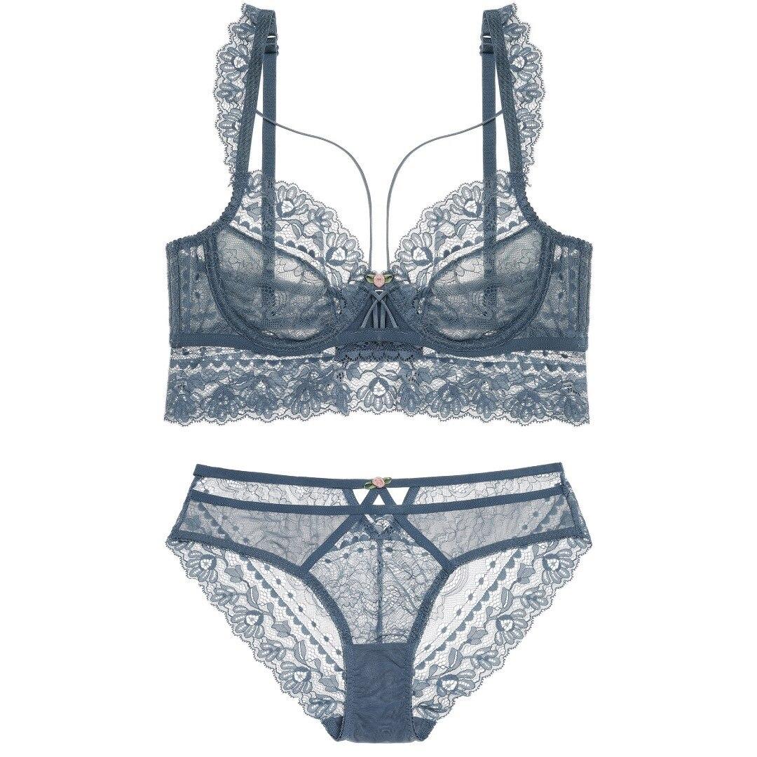 

Ультратонкий комплект с бюстгальтером пуш-ап из французского кружева для женщин, сексуальное нижнее белье с полыми цветами и вышивкой, бандажный бюстгальтер на косточках, нижнее белье 80B синий