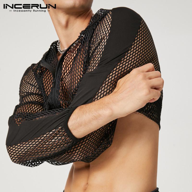 INCERUN Sommer-Herren-Mesh-Crop-Top mit Kapuze, durchsichtig, durchsichtig