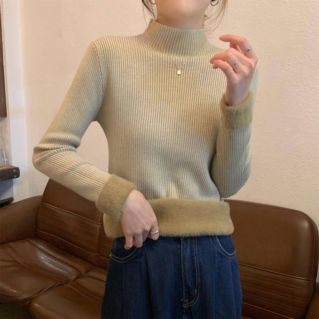 Stacked semi-turtleneck top, women's autumn and winter gentle long-sleeved inner stand-up collar casual velvet knitted bottoming sweater