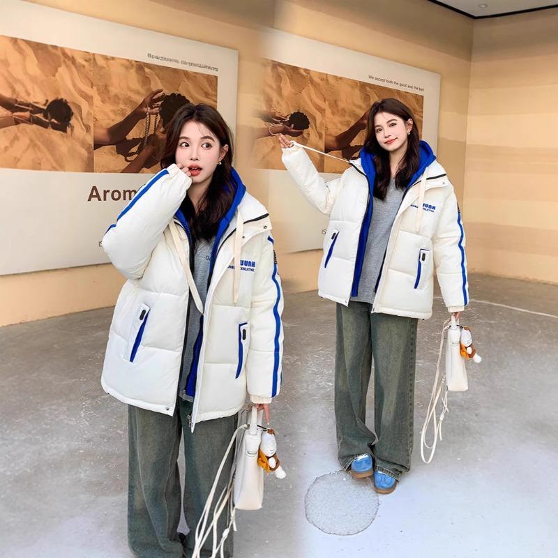 Winter new contrasting colors fake two-piece down cotton clothes women's loose thickened bread clothes versatile jacket tide