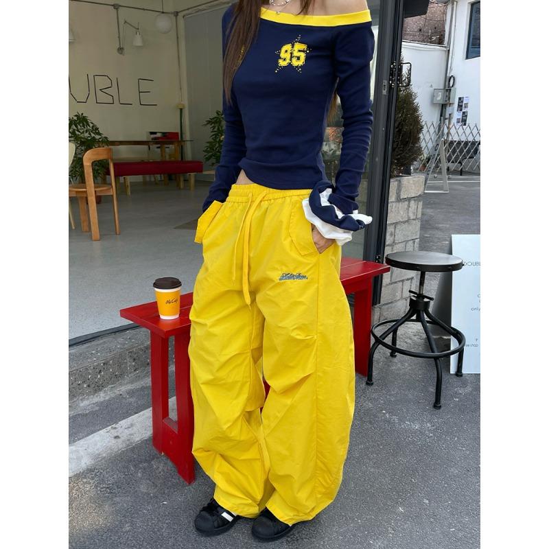 

Fashion niche summer versatile overalls men s new scimitar pants loose street dance loose straight casual pants S жёлтый
