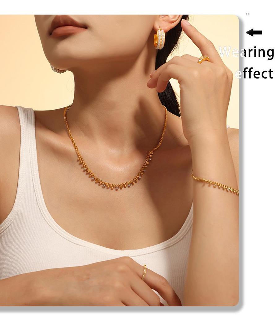 18K Gold-Plated Titanium Steel Necklace & Bracelet Set with Round Bead Spacer & Diamond Tassel