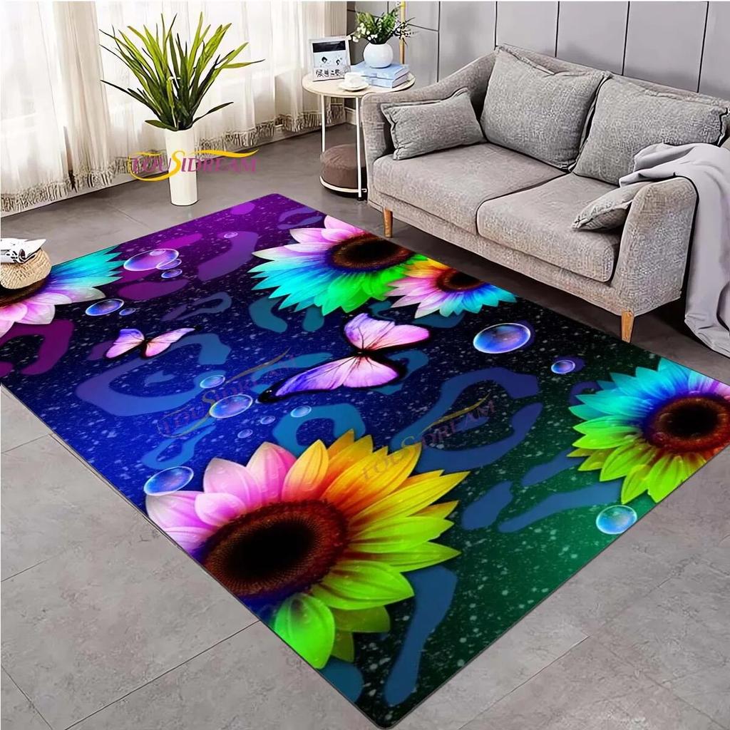 Koberec 3D Daisy Flowers Butterflies Velkoplošné koberce Barevný Butterfly Sunflower Koberec do obývacího pokoje Ložnice Herna Domácí dekorace