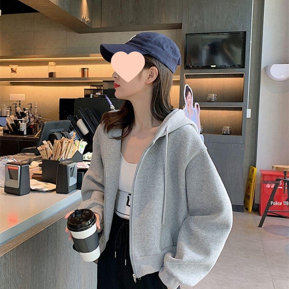 Petite Women's Gray Zip-Up Hoodie - Loose Fit, Thick Fleece Lining, Autumn/Winter 2025