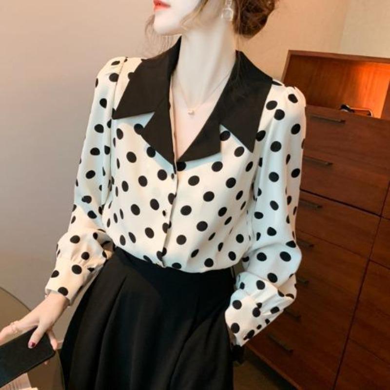 

Весенняя рубашка в горошек из шифона для женщин, модная рубашка в западном стиле XL