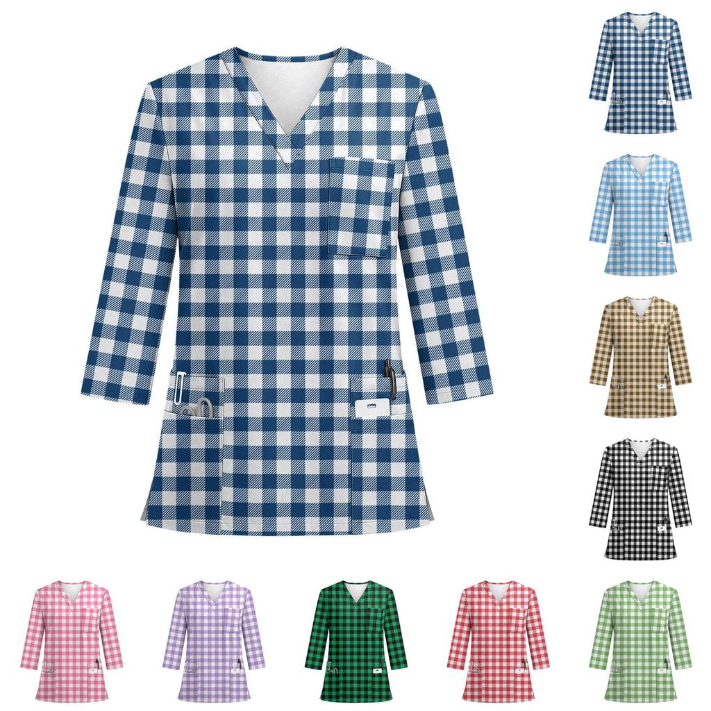 Damen-Uniform-Oberteil Farbe V-Ausschnitt 3/4-Ärmel mit Taschen und Seitenschlitz
