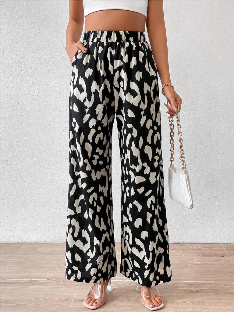 Women's Casual Wide-Leg Pants with Digital Print - Full Size Available