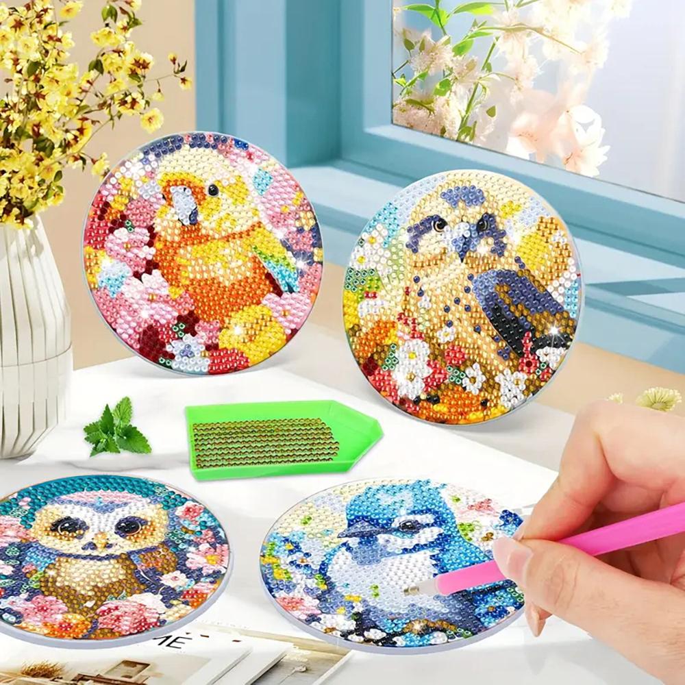 8 Stück/Set Untersetzer mit Diamantmalerei-Papageienmuster, DIY-Untersetzer mit Halter, Geeignet für Anfänger und Erwachsene, Kunst- und Bastelbedarf Geschenke