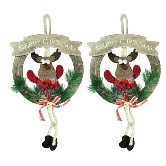 Pack of 2 Christmas Wreath Artificial Pine Rings Reindeer for Front Door Xmas Tree Wall Hanging Ornaments Accessories  Items for Home Office