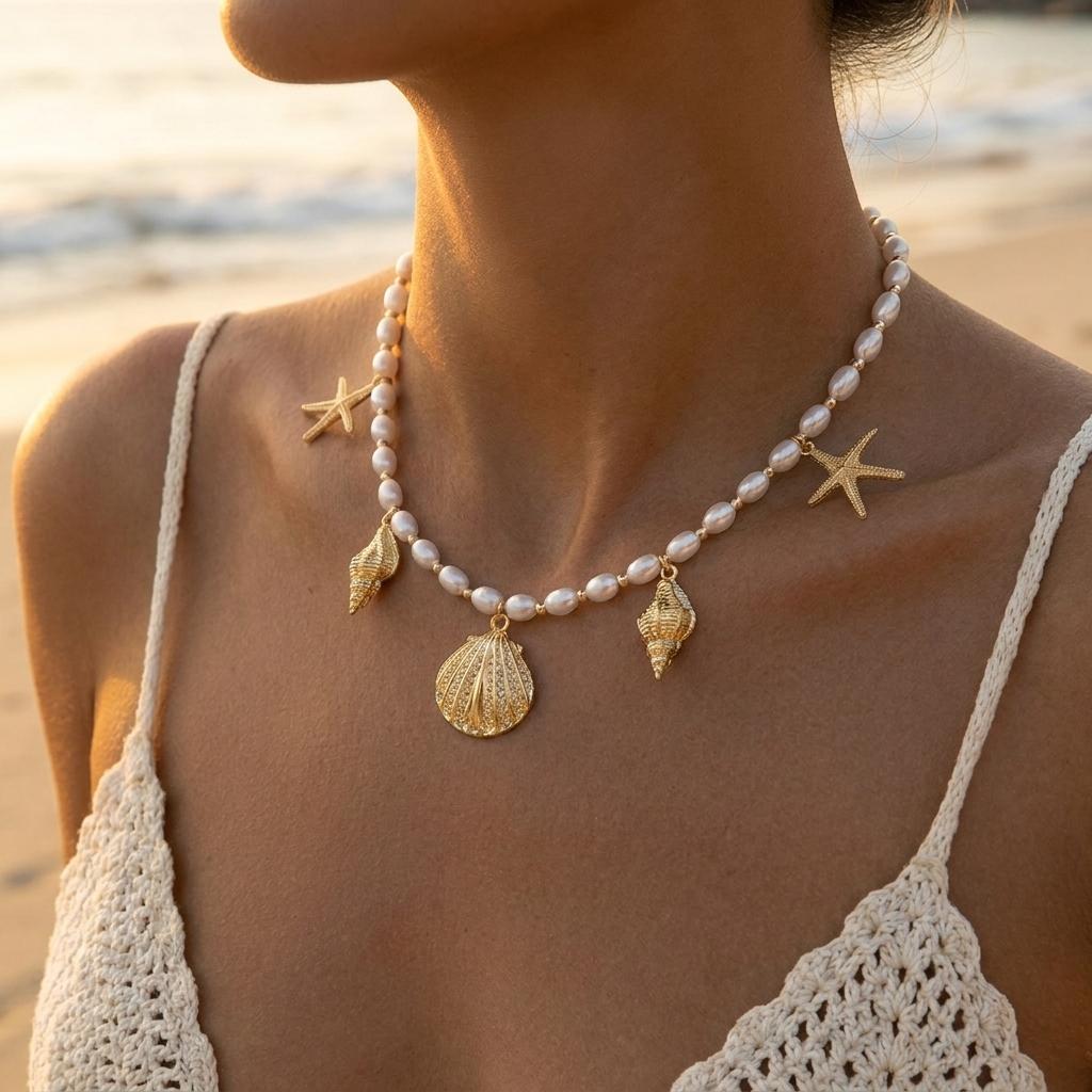 Boho Starfish Scallops Pendant Necklace for Women Ocean Seahorse Pearl Metal Chain Choker Beach Party Aesthetic Jewelry Gifts