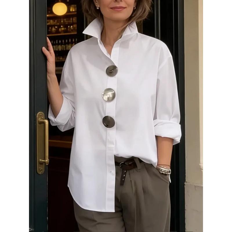 Chemise Blanche Boutonnée en Coton pour Femme Yeezzi Blouse Élégante Ample à Revers Hauts Décontractés à Manches Longues pour Bureau pour Dames M blanc