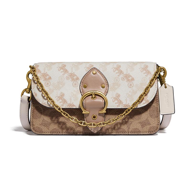 

COACH handbag Beat Presbyopia carriage print chain C buckle coated canvas and calfskin flap bag shoulder crossbody small size women s white and brown білий