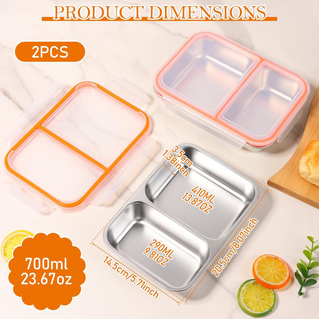 2Pcs Stainless Steel Divided Food Box 2/3Grid Lunch Box Metal Food Storage Container for School Office Outdoor Picnic Seal Snack