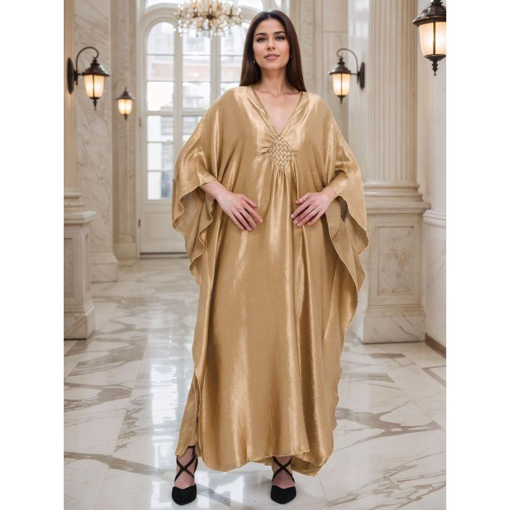Gold Luxury Beach Dress Woven Holiday Robe Loose Plus Size Turkish Kaftan Dress