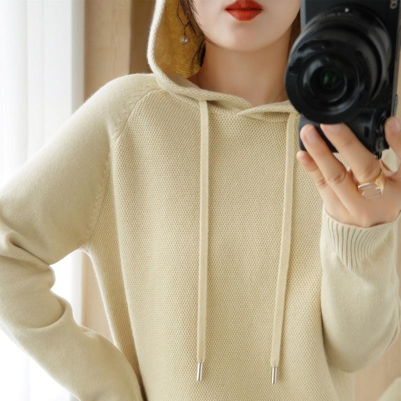Suéter com Capuz Feminino Primavera e Outono Moletom Camiseta Básica com Suéter Tricotado Casual Tamanho Grande Suéter com Capuz Feminino